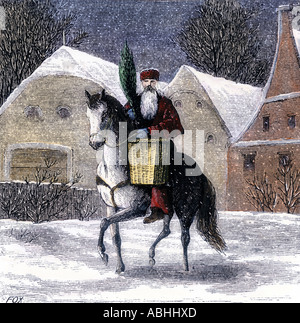 Saint Nicholas in sella ad un cavallo bianco in un paese europeo con una cesta e un sempreverde fronda. Colorate a mano la xilografia Foto Stock