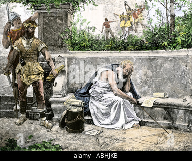 La morte di Archimede il Greco antico matematico e inventore. Colorate a mano la xilografia Foto Stock
