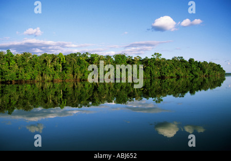 Juruena, Brasile. Boscoso banca di fiume riflessi nell'acqua con le nuvole nel cielo. Foto Stock