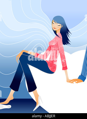 Profilo laterale di una donna seduta su una forma di cuore Foto Stock
