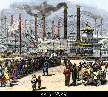 Liberati gli afroamericani di imbarcarsi per il Nord sul riverboats dopo la guerra civile. Colorate a mano la xilografia Foto Stock