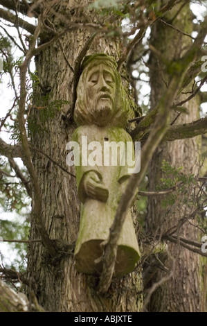 Antica scultura polacca tradizionale in legno del santo cattolico romano scolpita in un tronco di albero, ricoperta di muschio verde in un ambiente forestale. Foto Stock