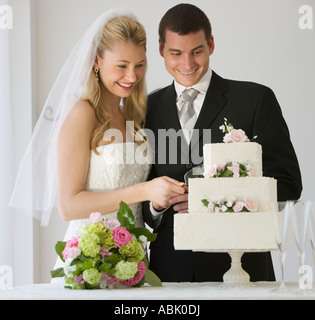 Sposa e lo sposo torta di taglio Foto Stock