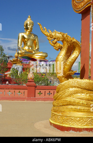 Gold multi-headed snake e buddha gigante a Sop Ruak, Triangolo d Oro, dal fiume Mekong, Thailandia del Nord Foto Stock