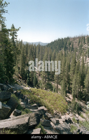 Pila di rocce fino al Devils postpile National Monument Eastern Sierra Nevada California montagne e alberi di pino e lo sfondo Foto Stock