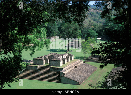 Honduras Copan Ruinas rovine Maya templi plaza panoramica tecnica religione orizzontale maya Foto Stock