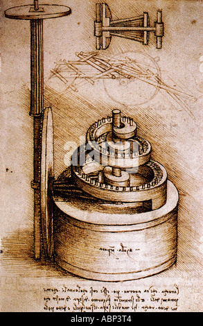 Leonardo da Vinci lo studio della molla del meccanismo di trasmissione dello strumento di tempo Foto Stock