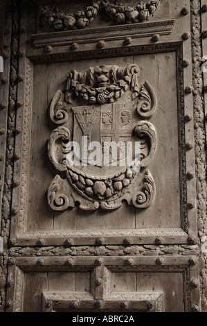 Scolpiti in legno porta sul gate di Christchurch Cattedrale di Canterbury Canterbury Kent England Foto Stock