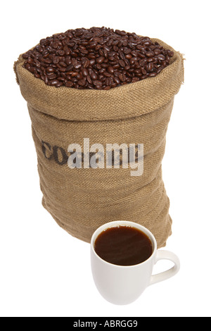 Sacchetto di chicchi di caffè e la tazza di caffè Foto Stock