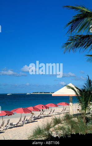 Caraibi sedie rosa ombrelloni sulla spiaggia Blue Sky provo providenciales Foto Stock