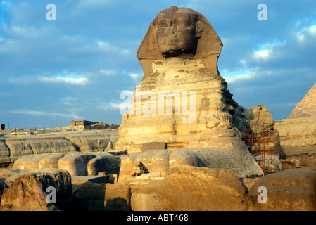 Egitto Giza Sfinge vicino a Sunrise nuvole nel cielo un ponteggio su un lato Foto Stock