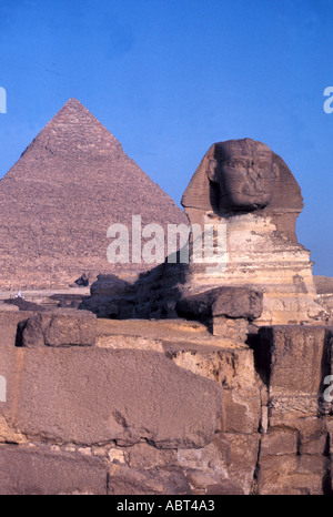 Egitto Sfinge di Giza con la piramide di Kephren verticale dietro il profondo blu del cielo Foto Stock