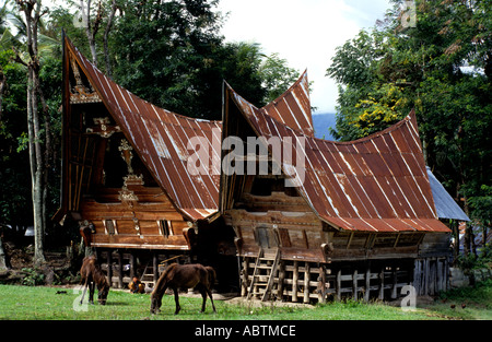 Samosir Long House, case sul tetto, 19-20th secolo. Toba Batak, tribù, lago Toba, Sumatra, Indonesia Batak Toba case villaggio con tetto alto finito Foto Stock