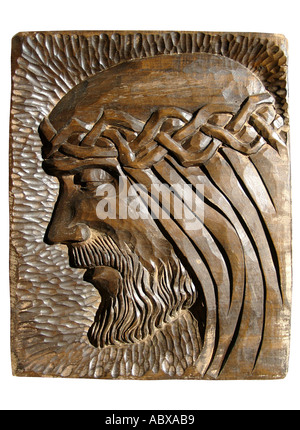 Gesù Cristo faccia scolpita in legno Foto Stock