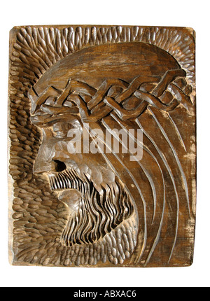 Gesù Cristo faccia scolpita in legno Foto Stock