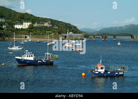 Blaenau Ffestiniog ormeggiate barche da pesca e piccole barche nell'Afon Mawddach estuary viadotto ferroviario treno e passerella al di là Foto Stock