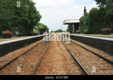 Una vista delle due piste ferroviarie e della stazione sulla linea di Bittern a Salhouse, Norfolk, Inghilterra, Regno Unito, Europa. Foto Stock