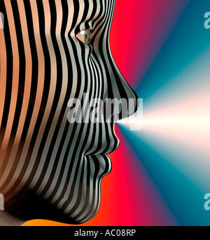 computer generated robot female head in 3D with stripes composited on face Foto Stock