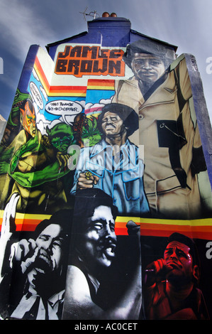 Facce di James Brown graffiti decorano il retro del case in Robert Street North Laine Brighton Foto Stock