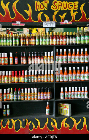 Salse Piccanti fro vendita sul mercato francese di New Orleans in Louisiana Foto Stock