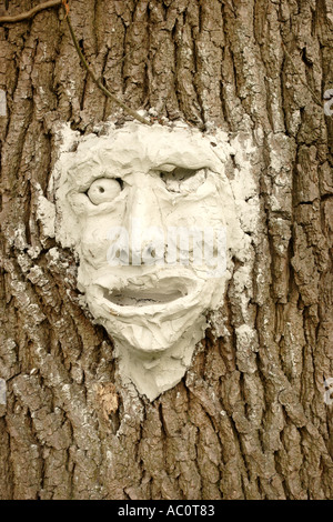 Maschera costituita da argilla e attaccato al tronco della antica quercia Foto Stock