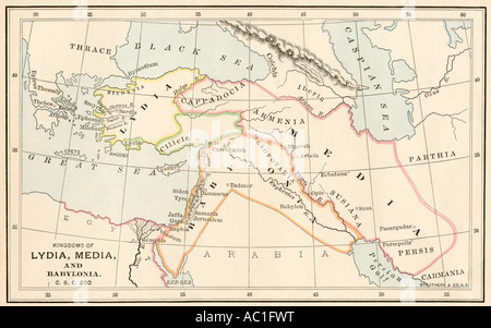 Mappa di antica Babilonia e dei regni di Lidia e Medea circa 550 BC. Litografia a colori Foto Stock