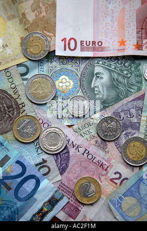 La valuta polacca lo zloty lungo con le banconote e le monete in euro in verticale Foto Stock