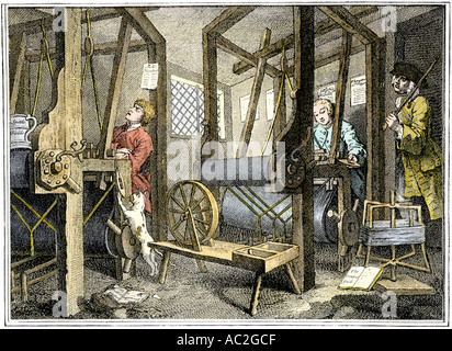 Tessitura a Spitalfields Inghilterra 1700s. Colorate a mano la xilografia di Hogarth illustrazione Foto Stock