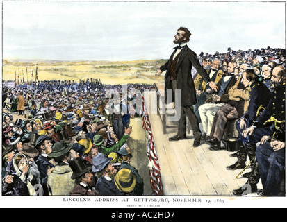 Il presidente Abraham Lincoln fornendo l'indirizzo di Gettysburg commemora la battlefield 1863. Colorate a mano di mezzitoni una illustrazione Foto Stock