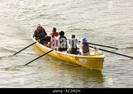 Celtic Longboat di lasciare il porto di Ceredigion Aberaeron Galles GB Foto Stock