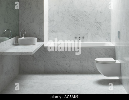 Bagno in marmo pietra bianco elegante semplice elegante elegante casa di lusso piastrelle chic perfetto Foto Stock