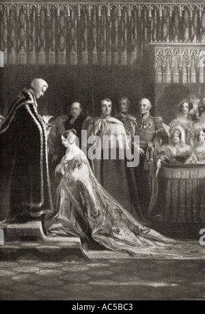 La regina Victoria, 1819 - 1901, visto qui ricevendo il santo Sacramento dopo la sua incoronazione. Dal dipinto da C R Leslie Foto Stock