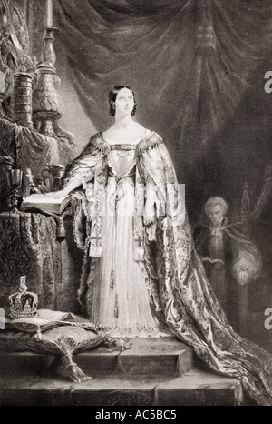 La regina Victoria, 1819 - 1901, visto qui prendendo l incoronazione giuramento. Da una incisione di foto da Sir George Hayter Foto Stock