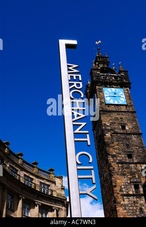 Detail of historic Tollbooth clock tower in Trongate district in Merchant City Glasgow Scotland Foto Stock
