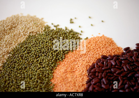 Impulso,rosso, rene, fagioli, nero, rene, fagioli mung,, fagioli aduki, fagioli, Puy, lenticchie, rosso, essiccato, piselli, verde,ancora vita Foto Stock