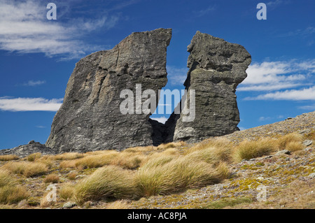 Lo scisto Rock formazione Dunstan Montagne Central Otago Isola del Sud della Nuova Zelanda Foto Stock