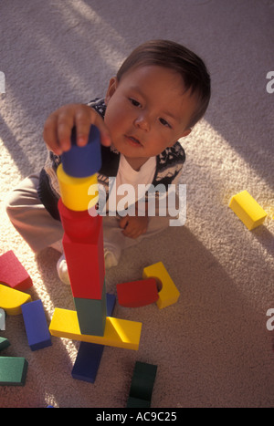 Il Toddler boy giocando e lavorando duramente sul successo con equilibrio bilanciamento blocchi colorati POV SIGNOR ©Myrleen Pearson Foto Stock