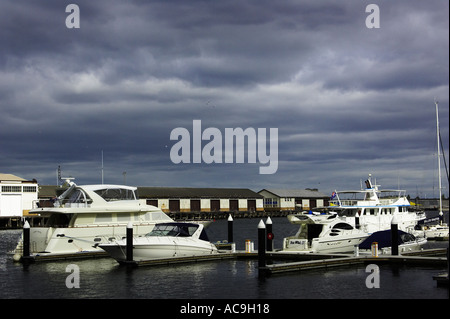 Barche di lusso e di avvicinamento Storm Victoria Harbour NewQuay Docklands Melbourne Victoria Australia Foto Stock