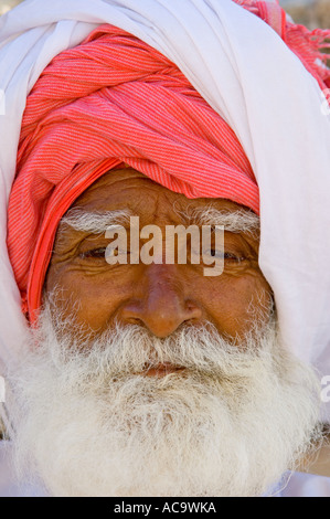 Close up ritratto di un anziano dai capelli grigi e stropicciata Sadhu fuori del Jagdish Mandir tempio in Udaipur. Foto Stock