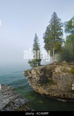 Scogliere rocciose e si avvicina al mattina nebbia sul Lago Michigan Grotta Punto Parcheggio contea Door County Wisconsin Foto Stock