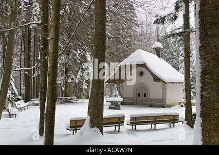 Buchechaeppeli - La piccola cappella in boschi innevati, cantone di Fribourg, Svizzera Foto Stock