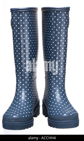 Coppia di macchie blu stivali da pioggia Foto Stock