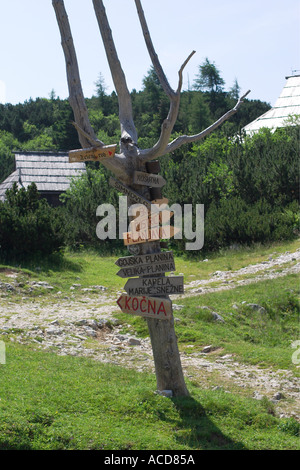 Wegweiser im Almgebiet Velika planina in Steiner Alpen Oberkrain Slowenien Slovenia Foto Stock