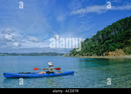 Piastre Kayaker off Roberton isola nella baia delle Isole in Nuova Zelanda Foto Stock