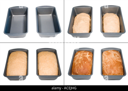 Quattro fasi della cottura di focacce di pane integrale da materie di pasta di pane cotto Foto Stock