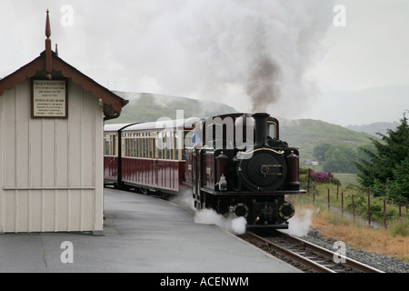 Treno a vapore che arrivano alla stazione di Tanygrisiau sul Ffestiniog ferrovia a scartamento ridotto Foto Stock