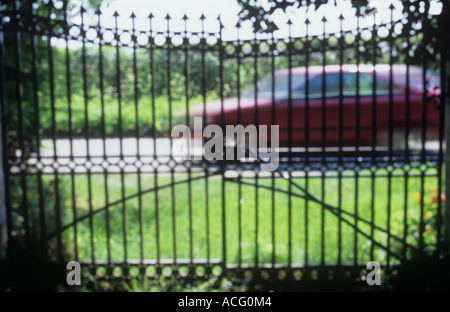 Impressionistica vista attraverso ornato cancelli in ferro battuto di auto rossa velocizzando il passato su una stretta viuzza con erba orlo e banca Foto Stock