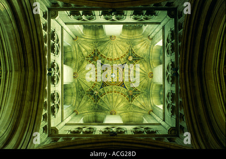 La Cattedrale di Canterbury interni. Guardando in alto nella vaulting di Bell Harry Tower. Kent, England, Regno Unito Foto Stock