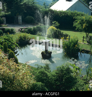 Laghetto in giardino e una fontana con fontana retroilluminato spray e di vegetazione in estate Foto Stock