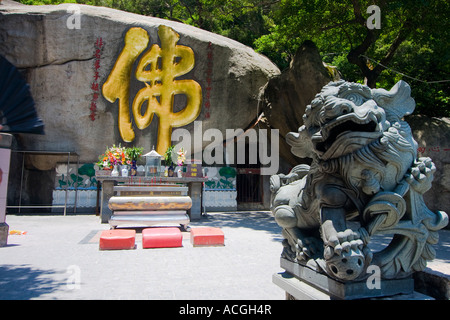 Della pietra che intaglia e Golden incisi caratteri cinesi Nanputuo tempio Cinese di Xiamen Foto Stock